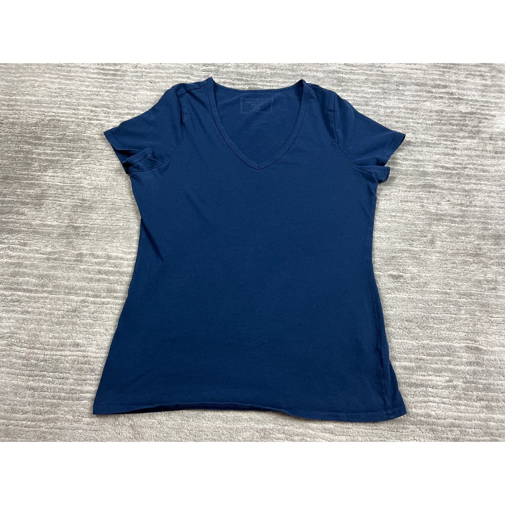 Nautica T-Shirt Womens Small Navy Blue V-Neck Short Sleeve Solid Basic Cotton